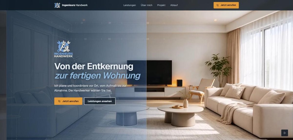 Startseite von ingenieurs-handwerk-muenchen.de am PC: Überschrift Von der Entkernung zur fertigen Wohnung über einem Wohnraumfoto